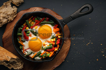 Fried eggs in a cast iron