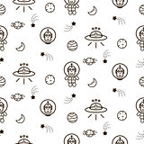 Ufo funny icon cosmic seamless vector pattern.