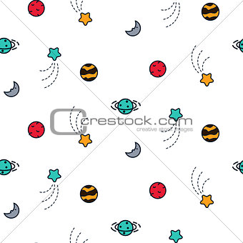 Doodles planet cosmic seamless vector pattern.