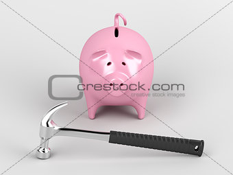 Piggy bank and hammer