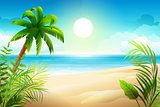 Sunny day on tropical sandy beach. Palm trees and sea paradise holidays