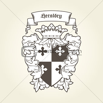 Heraldic royal coat of arms with imperial symbols, shield, crown