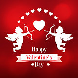Paper cupids and hearts on a red background