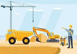 Excavator and sand dumper on the construction site