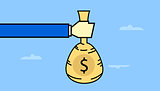 hand holding bag of money with dollar sign with vector line style art