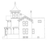 Old house in Victorian style. Illustration on white background. Species from different sides.