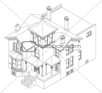 Old house in Victorian style. Illustration on white background. Species from different sides.