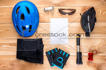 objects for cycling on wooden boards top view