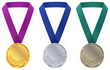 Gold, silver and bronze medal at Winter Olympic Games template. Set sport medal on tape
