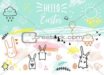 Hand-drawn Easter card with bunnies, vector