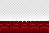 Empty movie theater auditorium with red seats. Rows of red cinema movie theater seats on transparent background, vector illustration