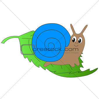Cute cartoon snail sits on a green leaf.
