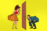 man and woman looking through a door, peephole and keyhole