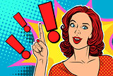 Exclamation point and happy pop art woman