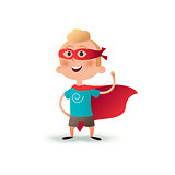 Cartoon superhero boy standing with cape waving in the wind. Happy little hero kid. Children character in red supermen cloak.