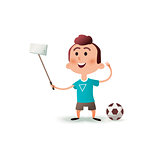Cartoon little boy character makes selfie. Portrait of a child making selfie photo on smartphone isolated on a white background. The kid takes pictures of himself on the phone on flat style