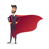 Cartoon superhero standing with cape waving in the wind. Successful happy hero businessman. Concept of success, leadership and victory in business. Young entrepreneur in a superman s cloak.
