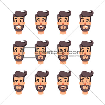 Man s head with different emotions. Cartoon male faces character set. Facial emotions for game or animation. Avatar of a young men with different expressions face. Brooding, fear, shock, mistrust, cunning, discretion, embarrassment and other mood.