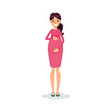 Pregnant happy flat women. Future mom cartoon character. Expectant mother posing.