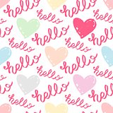 Tile vector pattern with pastel hearts and hello text on white background