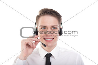 Close-up photo of smiling young agent of call centre