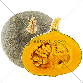 Isolated one whole and half pumpkin on white background