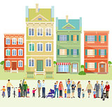 Family groups in front of houses, illustration