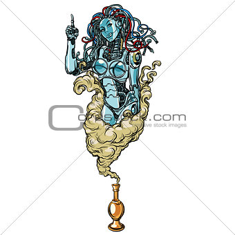Isolated on white background. Female robot the Genie of the lamp