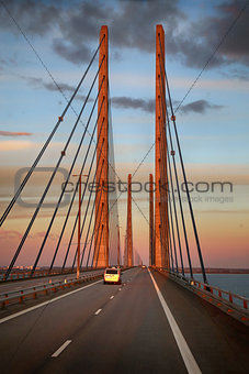 View on Oresund bridge between Sweden and Denmark at sunset