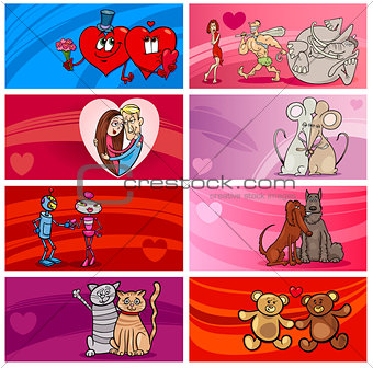 Valentine cartoon greeting cards designs set