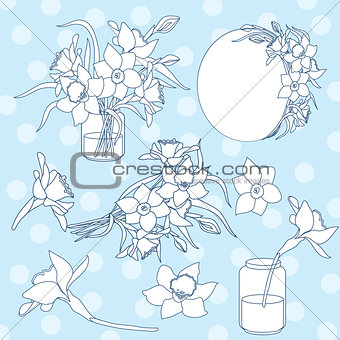 Black and white ink isolated vector clipart set illustration of spring narcissus flowers