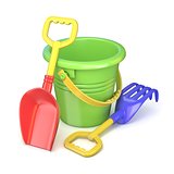 Toy bucket, rake and spade. 3D