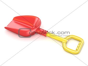Red and yellow plastic toy shovel. 3D