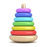 Pyramid build from colored wooden rings. Colorful wooden toy. 3D