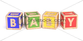 Word BABY made of wooden blocks toy horizontal 3D