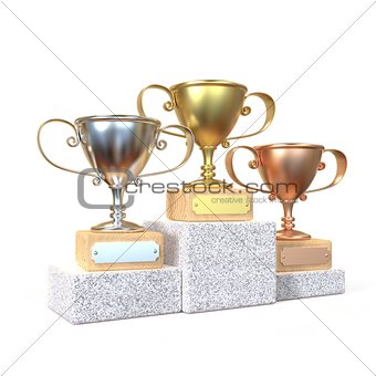 Gold, silver and bronze winners trophy cups 3D