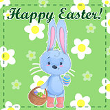 Greeting post card template Happy Easter with cute cartoon bunny holding easter eggs on a green background with chamomile. Vector illustration.