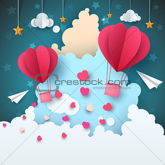 Cartoon paper air landscape. Cloud, airplane, heart, love, star.