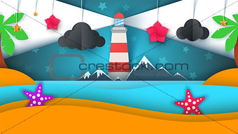 Cartoon paper island. Beach, palm, star, cloud, mountain, moon, sea.