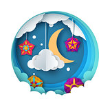 Cartoon paper night landscape. Moon, star, cloud, flower.