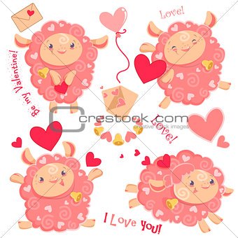 Vector illustration Valentine day clipart set of cute funny pink girl sheeps, hearts, letters, dancing running jumping staying with bell for kids and babies print and textile design, wall design