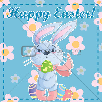 Greeting post card template Happy Easter with cute cartoon bunny holding easter eggs on a green background with chamomile. Vector illustration.