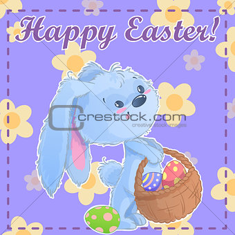 Greeting post card printable template Happy Easter with cute cartoon bunny holding easter eggs on a green background with chamomile. Vector illustration.
