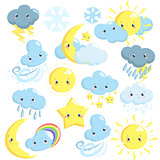 Cute weather icons collection with sun, moon, clouds, star, snowflakes, rain