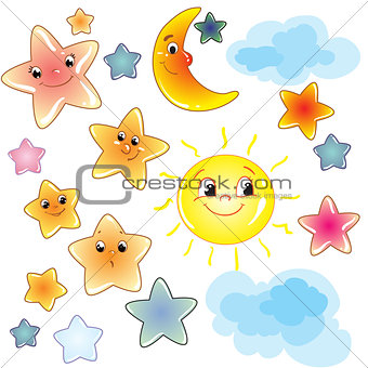 Funny cute stars on transparent background clip art with moon and cloud