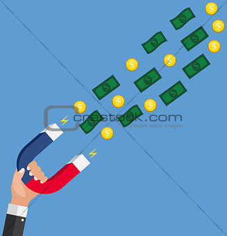 Business concept of hand hold magnet attract money. Vector Illustration