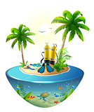 Diving in tropical sea off paradise island. Beach vacation, palm tree, diving mask, oxygen tank, fin, underwater world