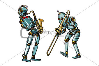 brass band musicians robots, saxophone and trombone