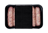 Plastic tray of raw pork beef sausages isolated