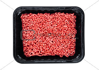 Plastic tray with raw fresh beef minced meat